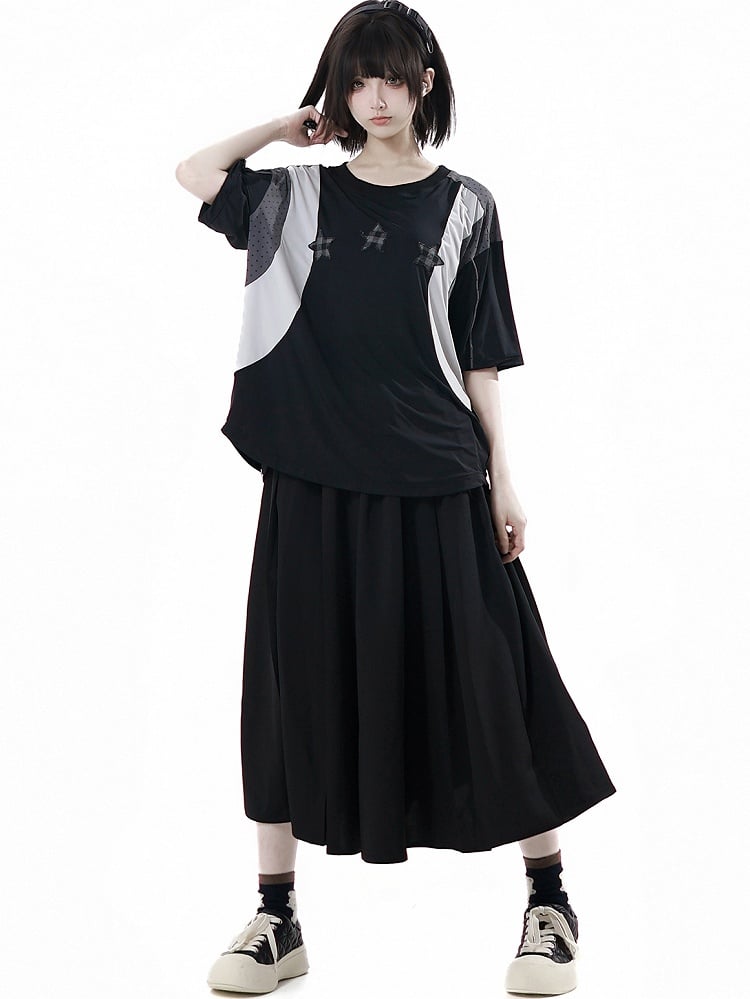 Neck Design Round Sports T-shirt Colorblock Star Appliques Plaid Black/Gray