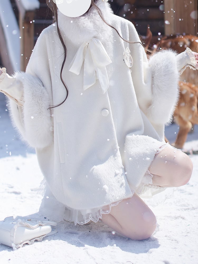 Collar Wool with Jirai Coat Fur Polished Detachable White Kei Cape Pure