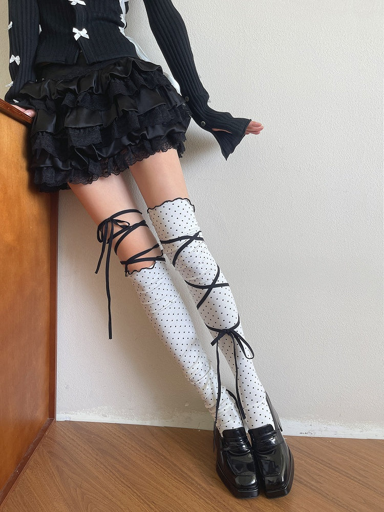 Pattern Stockings White Dot Ruffled Strap Design Asymmetric Polka