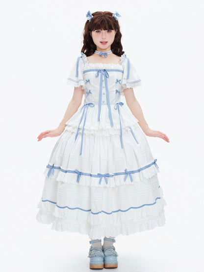 Blue Butterfly Sleeve Classic Lolita Tiered OP Dress - Rainbow Cat