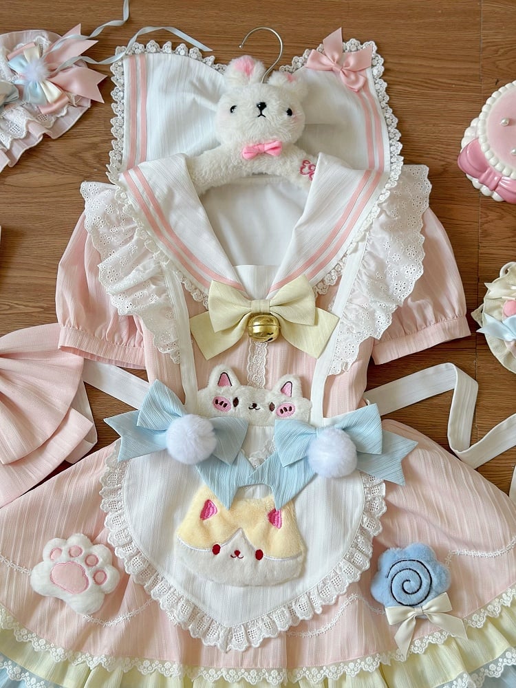 Apron Maid Kitty Pastel Heart Sailor Dress Collar Color with Lolita Sweet