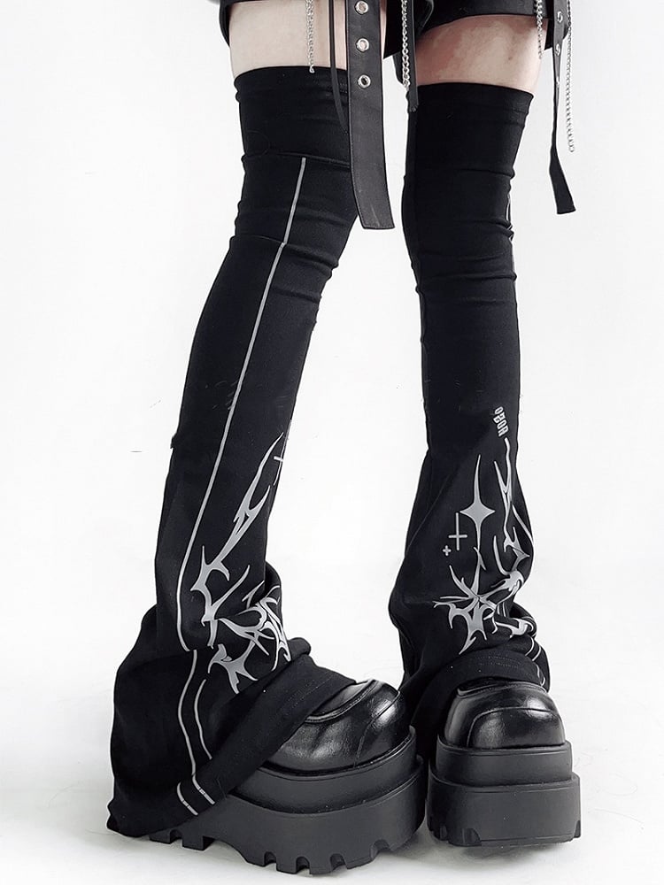 Y2K Print Black Over-the-Knee Flared Leg Warmers
