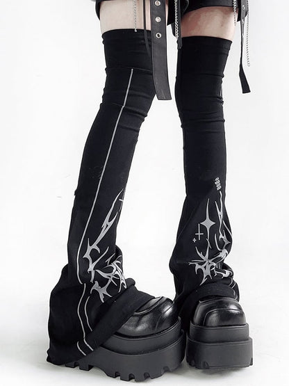Y2K Print Black Over-the-Knee Flared Leg Warmers