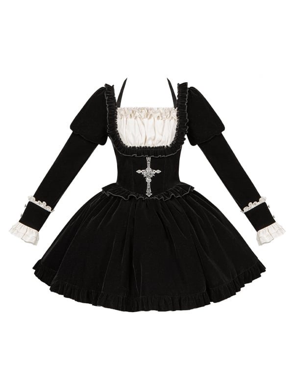 Cross Version Juliette Boned Short Dress Lolita Black Sleeves Embroidery Waist