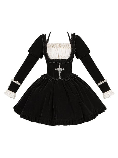 Cross Version Juliette Boned Short Dress Lolita Black Sleeves Embroidery Waist