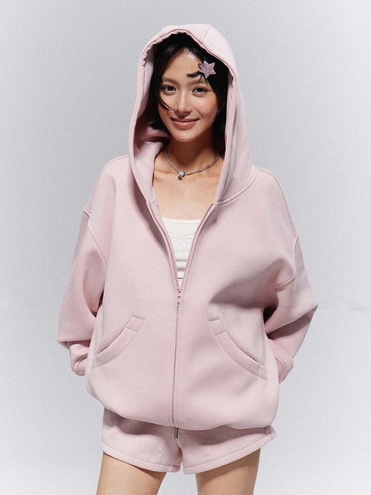 Relaxed Pink Slant Zip-Up Casual Fit Jacket Pockets Hoodie with