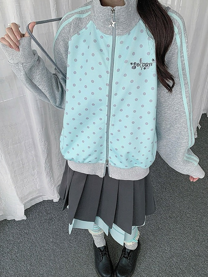 Mint Blue Y2K Polka-Dot Zip-Up Jacket with Stand Collar Design - Solkatt
