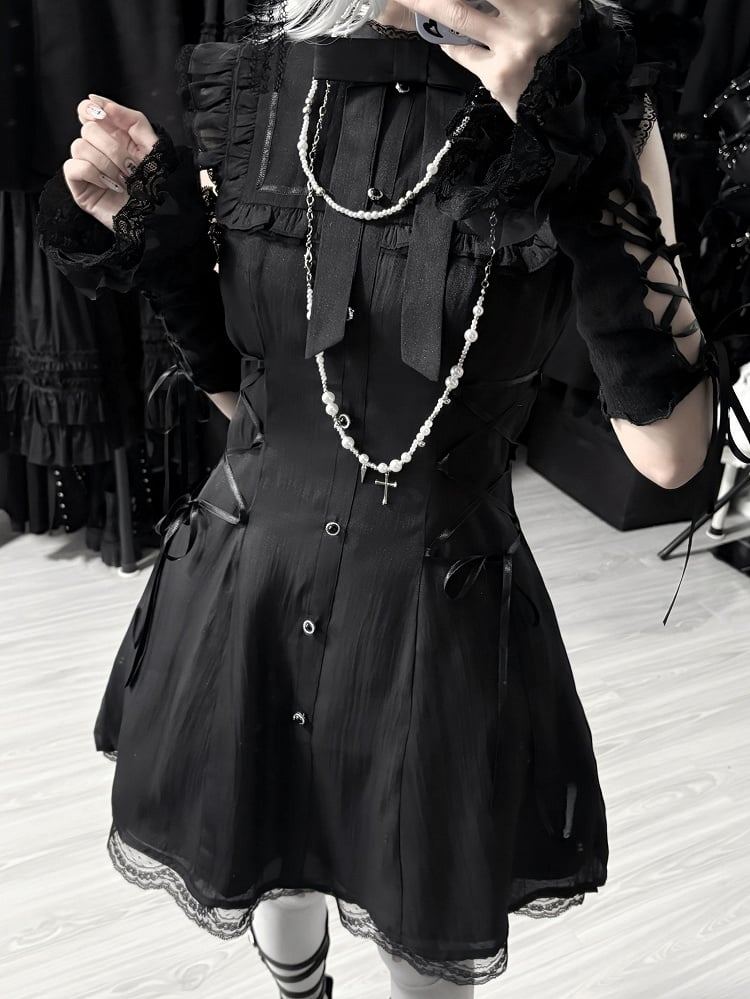 Darkly Lace-Up Ballet Short Versionwith SleevesWaist-Defining Flutter Dress:Black Innocent