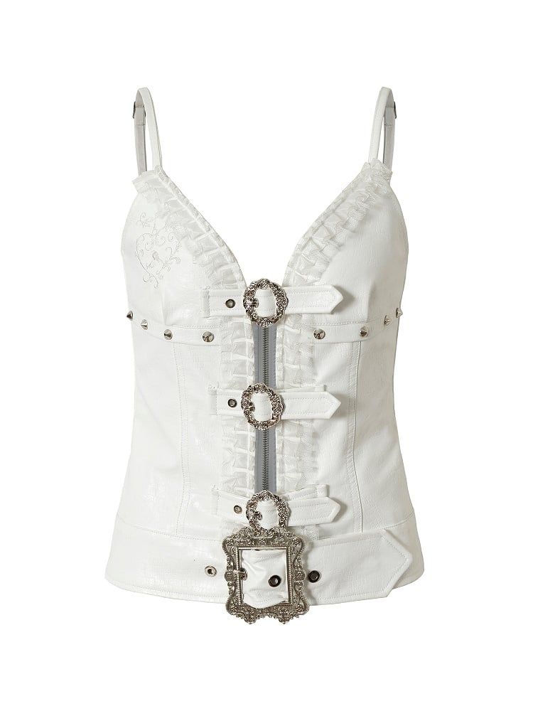 White Rock Studded with Straps Cami Accents Buckle Punk Top