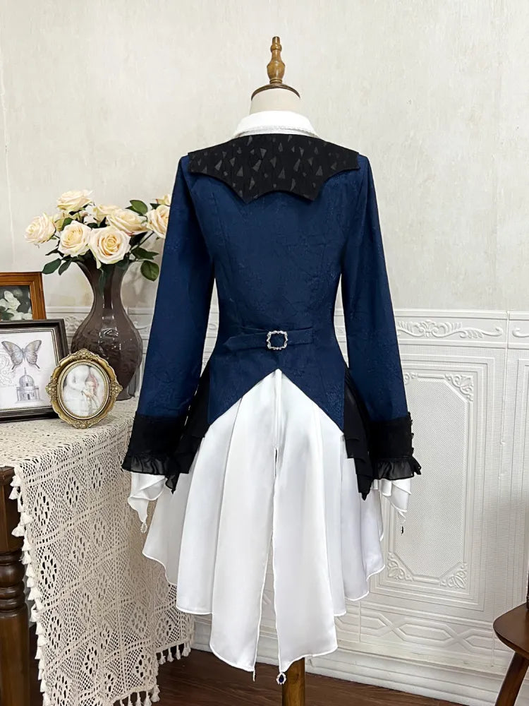 Lolita Ruffle Style Coat Ouji Hemline Web Blue Dark Fabric Cascading Spider Trim Prince