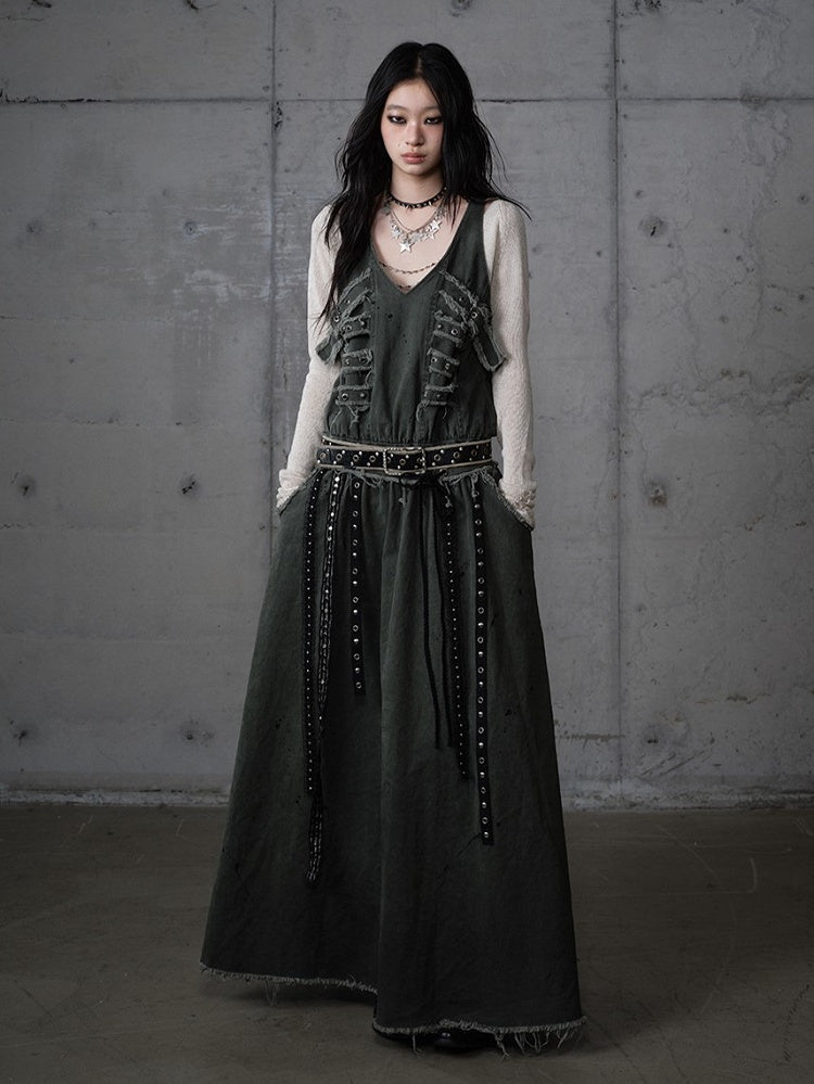 Metal A-Line Straps Punk Oversized Green Dress Edges Vest Eyelet Dark with Raw