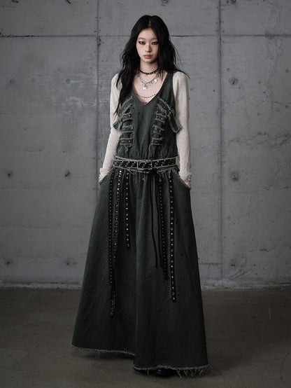 Metal A-Line Straps Punk Oversized Green Dress Edges Vest Eyelet Dark with Raw