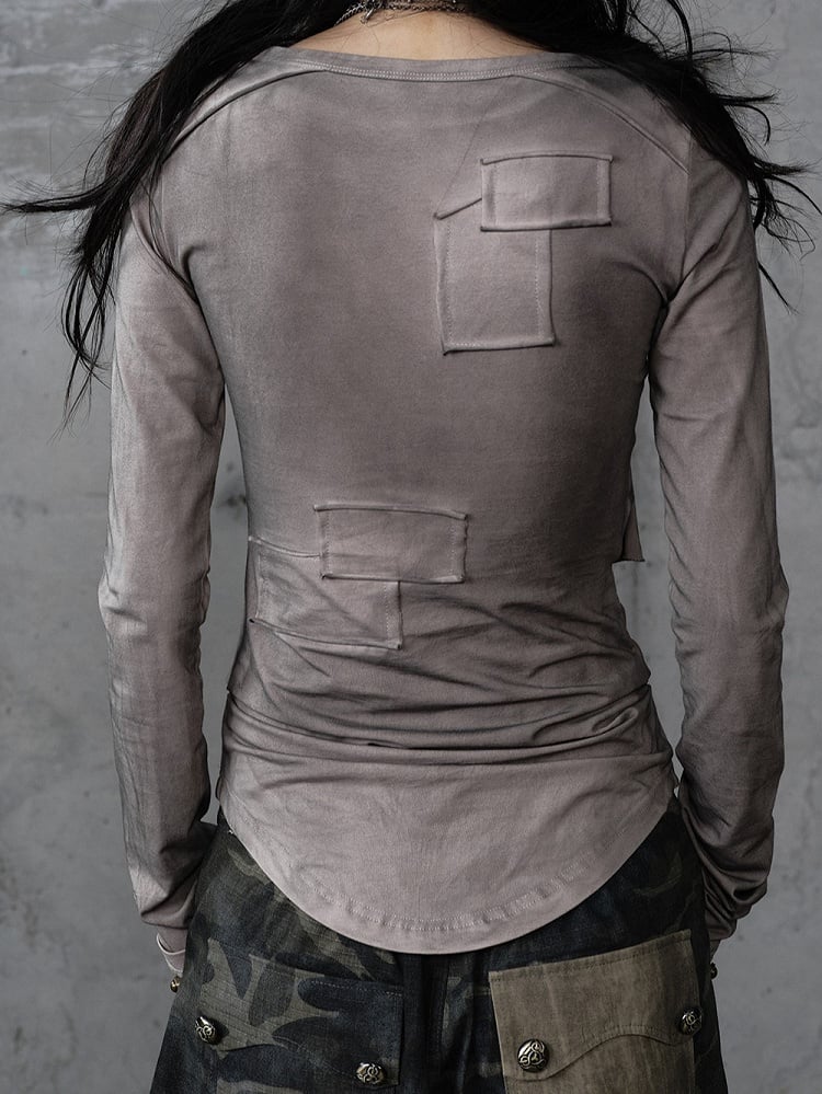 Knit Vintage Wing Print with Design Cross Deconstructed Gray Top Punk