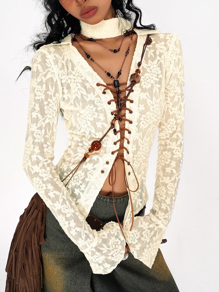 Embroidery  Bell Sleeves Beige Flocked Mesh Floral Lace-up Blouse with