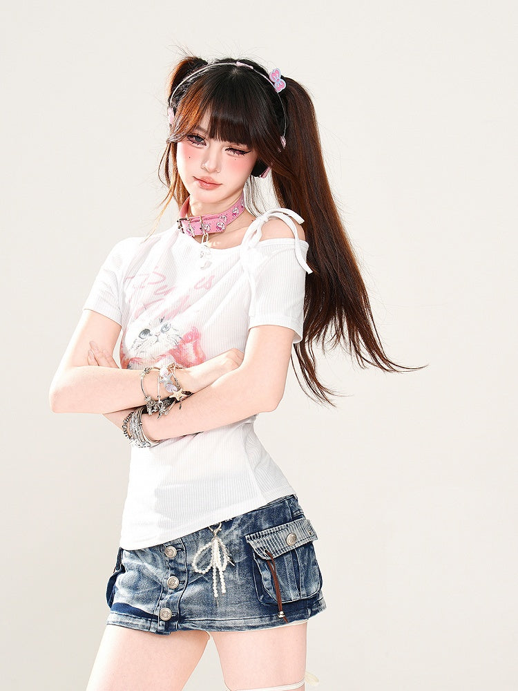 Entzückendes Kätzchen-Print Blau/Weiß T-Shirt Asymmetrischer Ausschnitt Glamourös