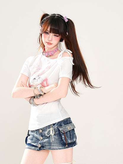 Entzückendes Kätzchen-Print Blau/Weiß T-Shirt Asymmetrischer Ausschnitt Glamourös