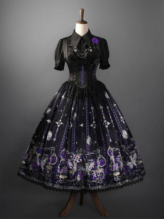 Purple Rosette and Skull Print Gothic Lolita Corset Under Bust JSK Dress - Sweetheart Love Song