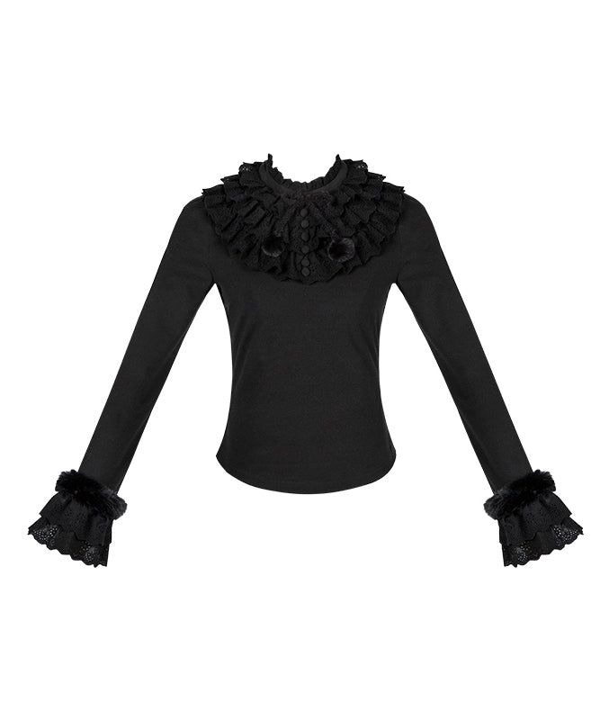 Top Autumn for Sleeves Ruffles Black and Neckline Long Layered Winter
