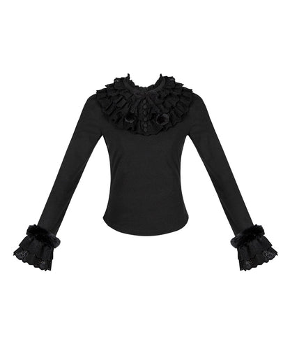 Top Autumn for Sleeves Ruffles Black and Neckline Long Layered Winter