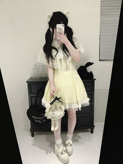Lace Cape Design Dress with Bow, Short Sleeve, 4 Colors, Landmine - Kitty Bxllet