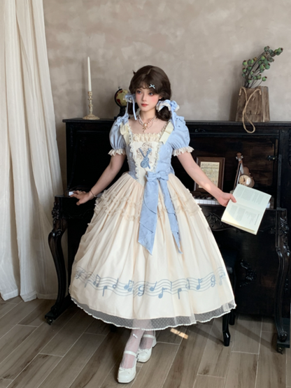 Dress Blue Version Print Lolita Elegant Note Beige Lace Violin Classic with Embroidery Long Musical