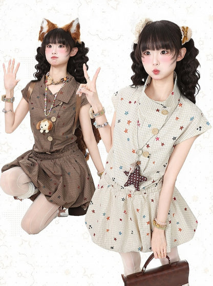 Coffee Two-Piece Short Sleeve Dress with Star and Plaid Pattern