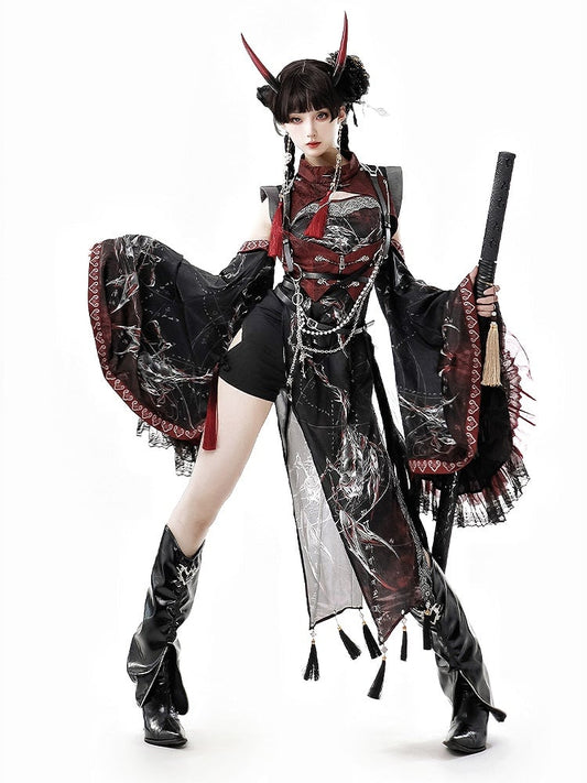 Dress Chest Vest Red - Corset cutout Asymmetrical with Black