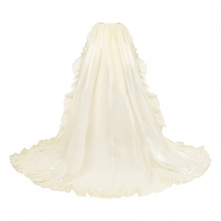 / トリムトレインフロアブルー丈フラウンスグレーベージュ