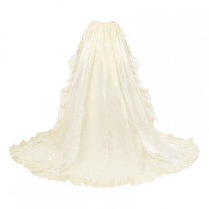 / トリムトレインフロアブルー丈フラウンスグレーベージュ