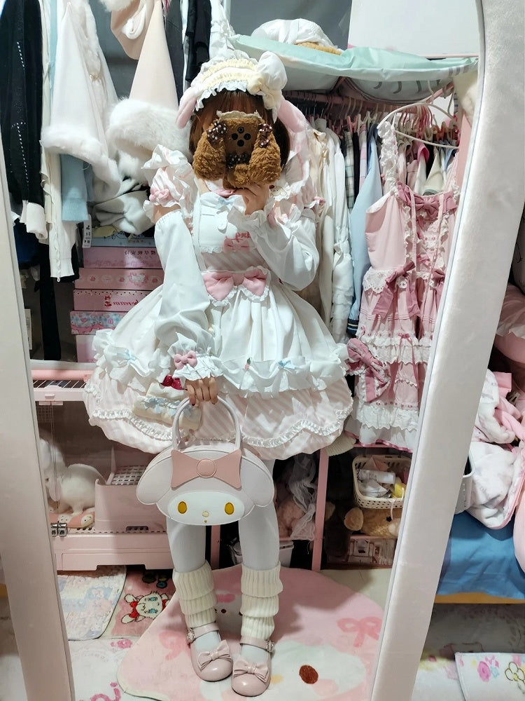 Hairband Train + Set Stripe Bubble Dress Full Lolita with Skirt Sleeves Cake Brooch Apron Sweet Pink Decor OP Puppy Bow Detachable