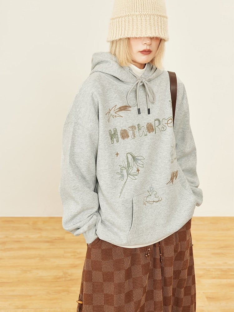 Pouch Vintage Cute Pullover Pocket Hoodie Hood Front Drawstring Print Gray -