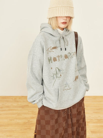 Pouch Vintage Cute Pullover Pocket Hoodie Hood Front Drawstring Print Gray -
