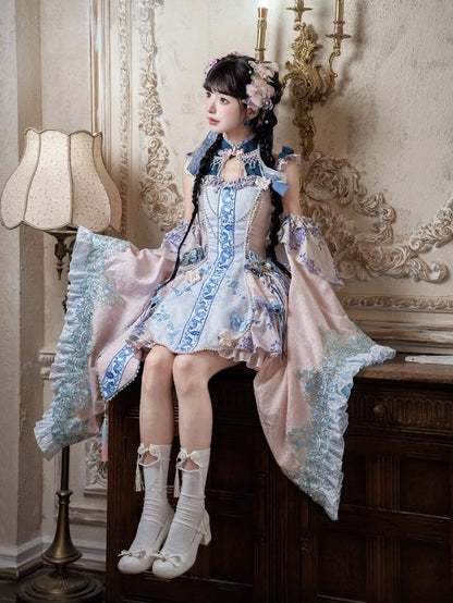 Porcelain Theme Qi Lolita Short Skirt Dress Set with Floral Print - Your Highness