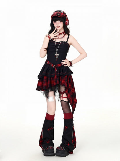 Asymmetrical Hem Camisole Dress in Red Black Plaid - CRAZY GIRL