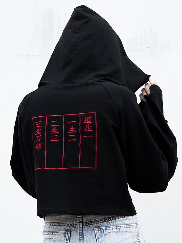 Front Baggy Long Cheongsam Hoodie Detail Crop Style and Sleeves Goth with Fringe Black