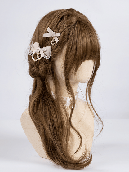 Jirai Kei – Altrosa Perlen-Haarspangen mit Mond/Herz und Schleife