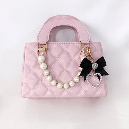 Pink/Black Top-Handle Quilted Beads Bag Bow