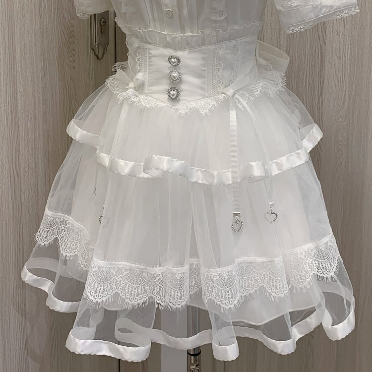 Gestufte Schleife Jirai Kei Schwarz/Weiß Mesh Balletcore Taille Selbst-krawatte Zurück Stäbchen Rock Hohe