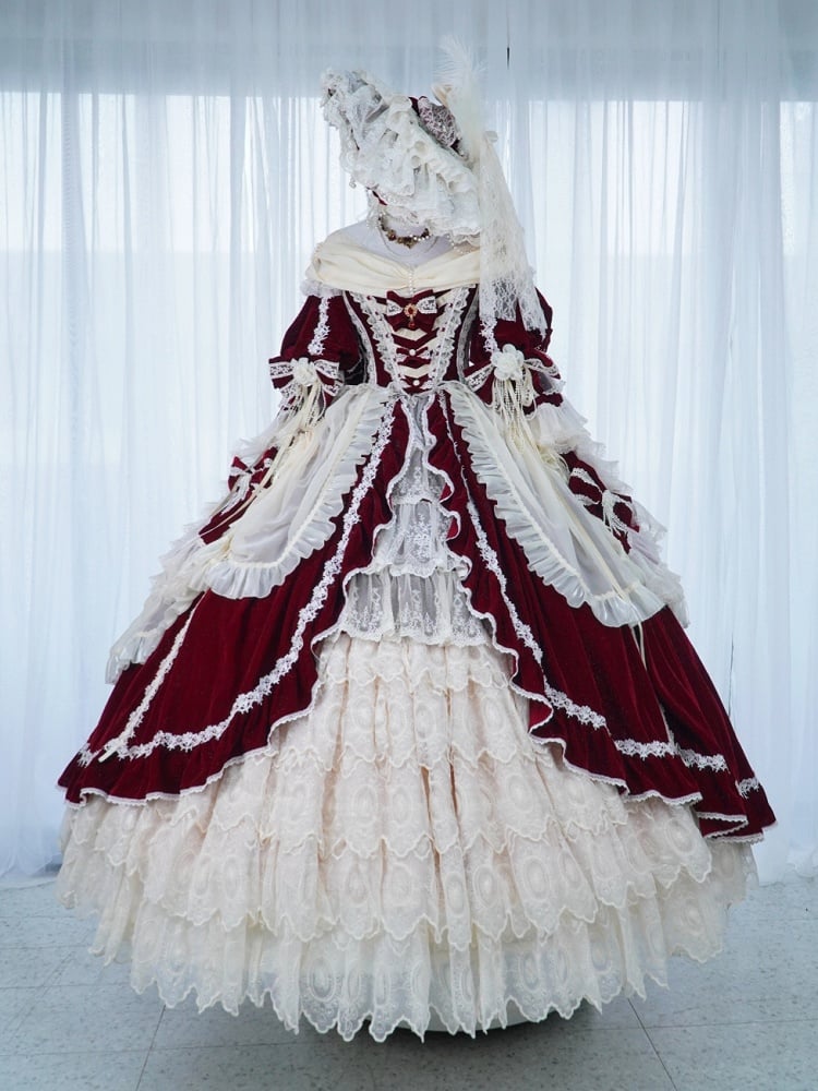 Hanayome Set Shimmering OP High-low and Velvet Lolita Gorgeous Full Dress White Red