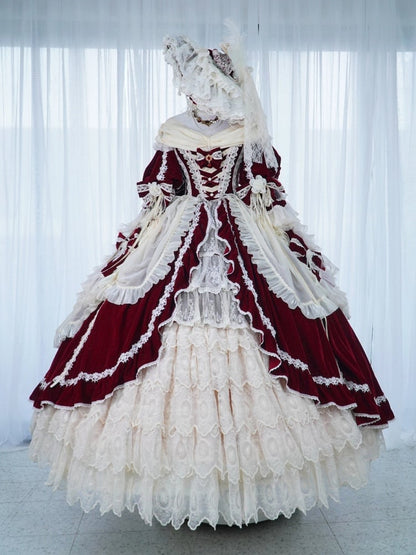 Hanayome Set Shimmering OP High-low and Velvet Lolita Gorgeous Full Dress White Red