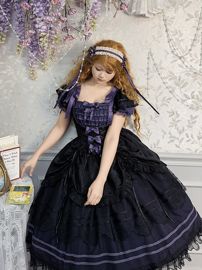 Schwarz-lila Jacquard-Rock mit Kordelzug und quadratischem Ausschnitt, klassisches Lolita-Kleid
