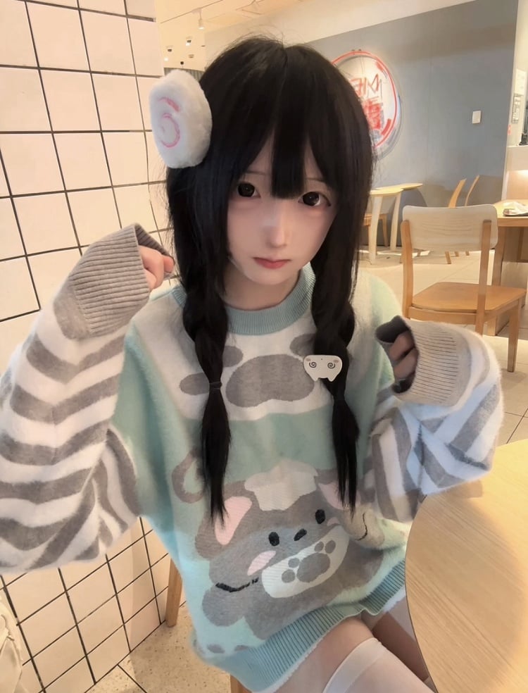 Sleeves Drop Spring/Fall Faux Fur Shoulder Kawaii Chef Sweater Mouse Striped with for