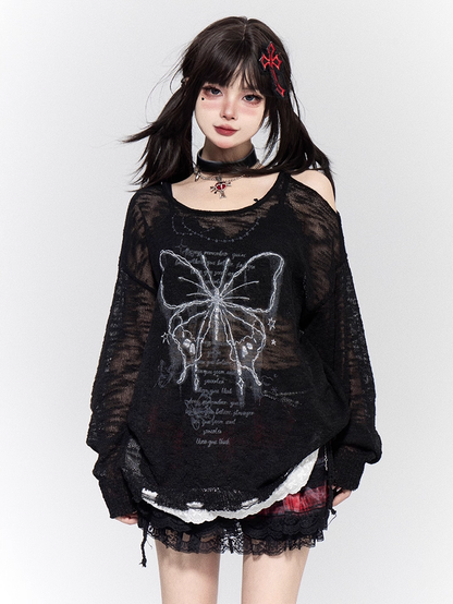 Coverup Semi-sheer Butterfly Print Cutout Shoulder White/Black/Apricot