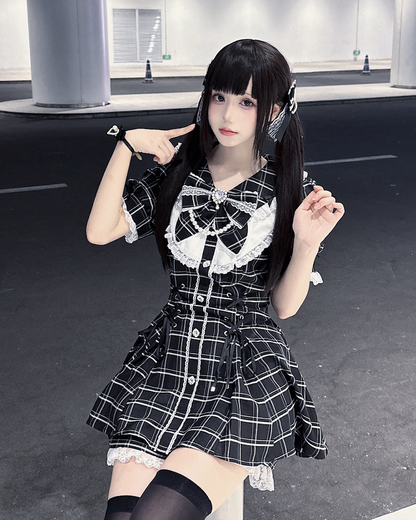 ミニドレス+ショーツ ジライ ブラック レースアップ チェック柄 セット 装飾ディテール ケイウエスト ラインストーン