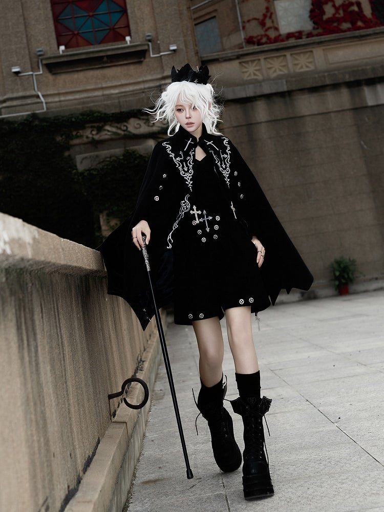 Hem Sleeves Cross Shorts Black Ouji Lolita Curved + Embroidery Bat-Wing Cape Long Top Gothic