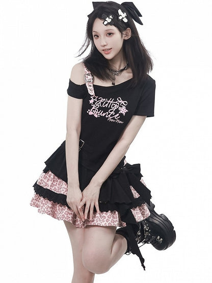 Asymmetric Black Top with Letter Print and Irregular Hem - PINK SAVIOR
