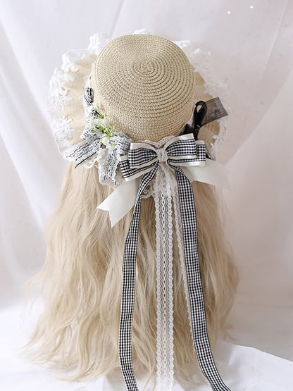 Gypsophila Lace Colors Gingham And Country Straw 5 Ribbon Bowknot Lolita Hat