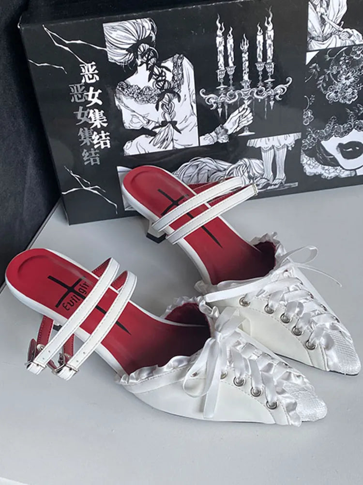 Detail Lace-up Slingback Toe White Sandals Gothic Pointed