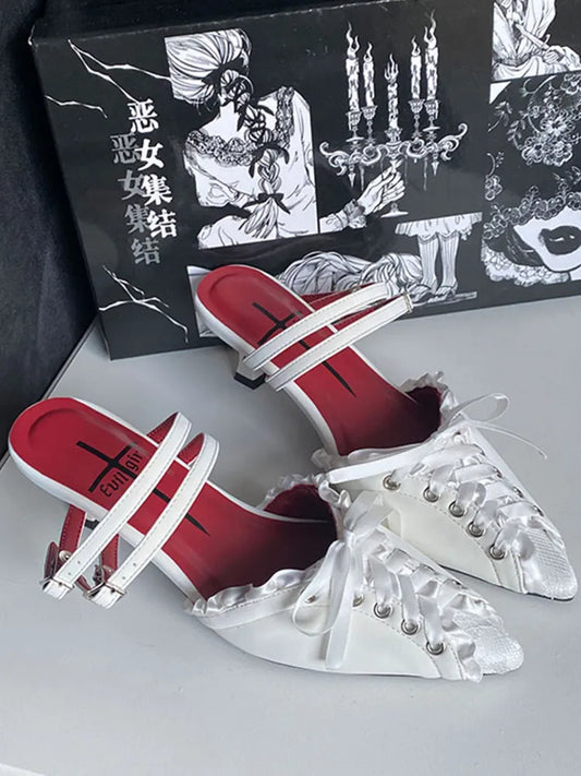 Detail Lace-up Slingback Toe White Sandals Gothic Pointed