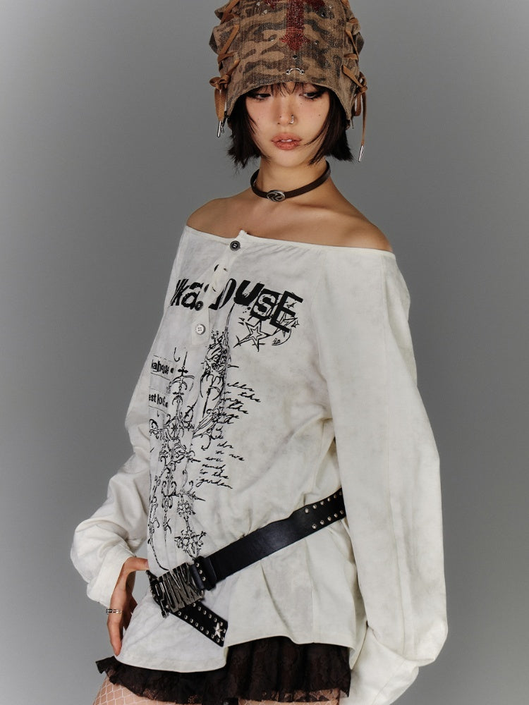 Apricot Off-the-shoulder Graphic Cotton Top Distressed Neckline